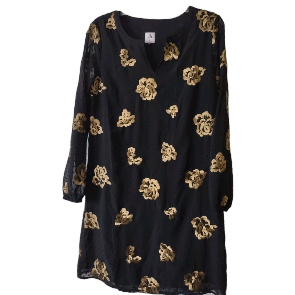 Cabi Dress Women S Black Gold Floral Embroidery Boho Whimsical Cottage Core 3697